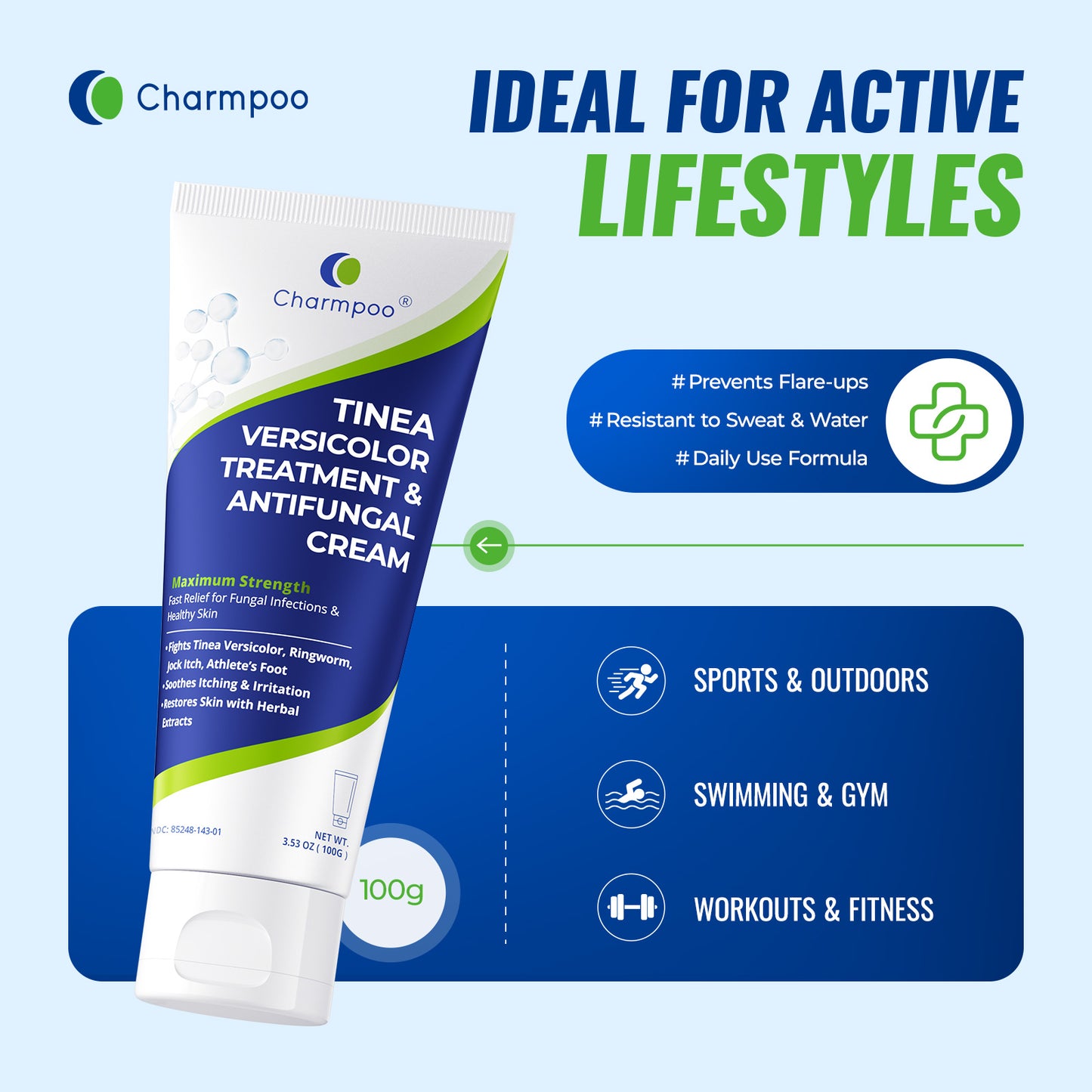 CHARMPOO Clotrimazole 1% Antifungal Cream for Tinea Versicolor, 3.53 oz