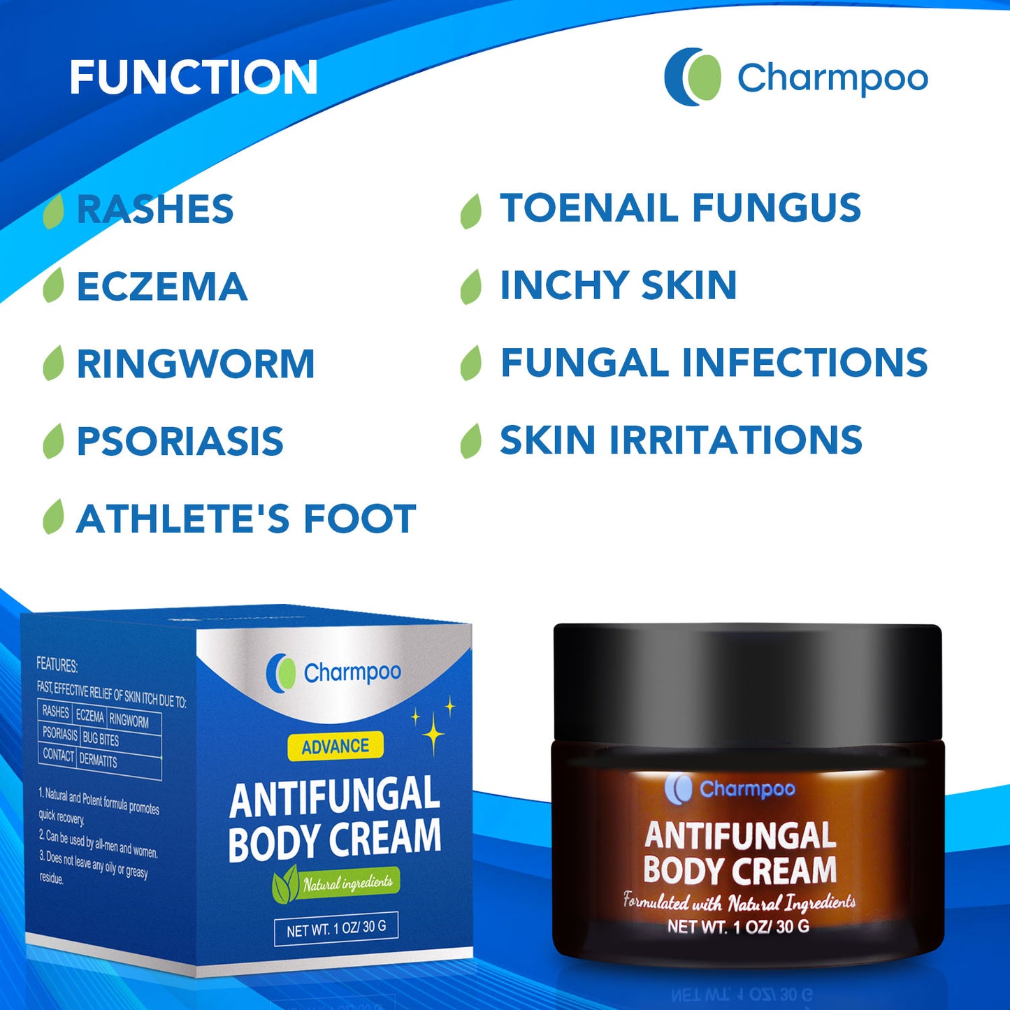 Charmpoo Antifungal Cream, Anti-Itch Cream for Athletes Foot, Eczema, Ringworm, Jock Itch and Nail Fungal Infections, Anti-Itch Balm for Face & Body, Maximum Strength-30g