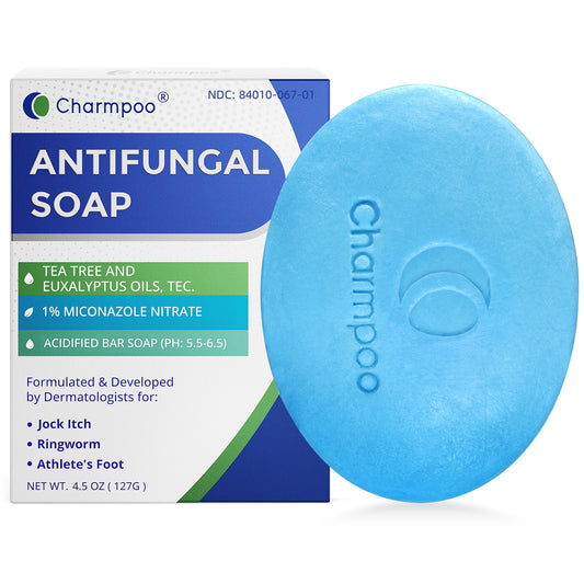 Charmpoo Antifungal Soap with Itch Relief: Effectively Relieve Itching Burning Cracking Caused by Jock Itch Athlete's Foot Ringworm Rashes - Gentle Acidified Bath Soap for Adults and Kids 4.5 oz