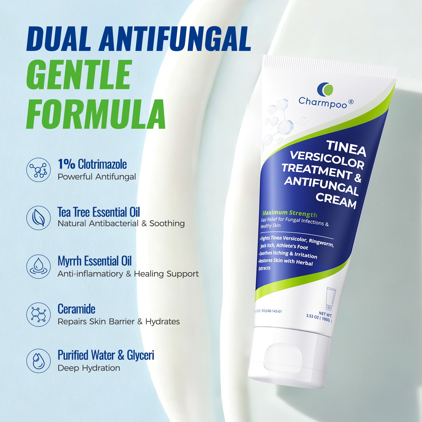 CHARMPOO Clotrimazole 1% Antifungal Cream for Tinea Versicolor, 3.53 oz
