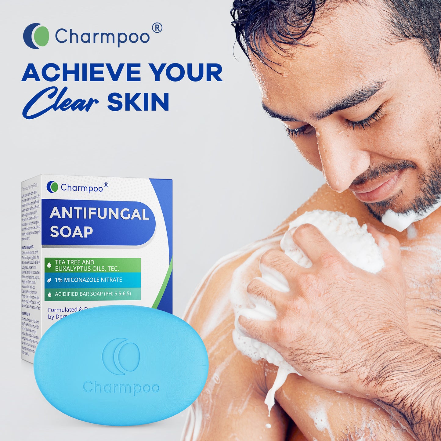Charmpoo Antifungal Soap with Itch Relief: Effectively Relieve Itching Burning Cracking Caused by Jock Itch Athlete's Foot Ringworm Rashes - Gentle Acidified Bath Soap for Adults and Kids 4.5 oz