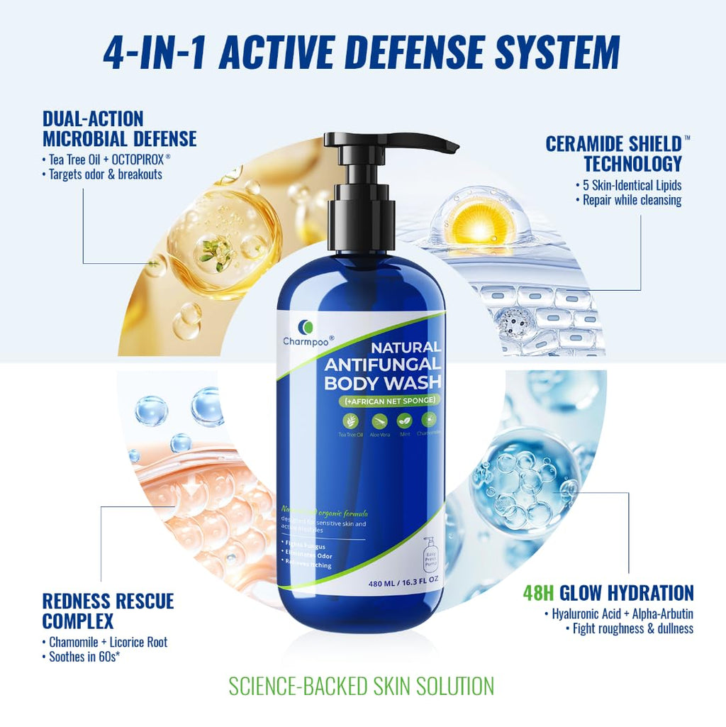 Natural Antifungal Body Wash: Tea Tree Fights Fungus Eliminates Odor Relieves Itching Formula for Sensitive Skin and Active Lifestyles 16.3 FL OZ