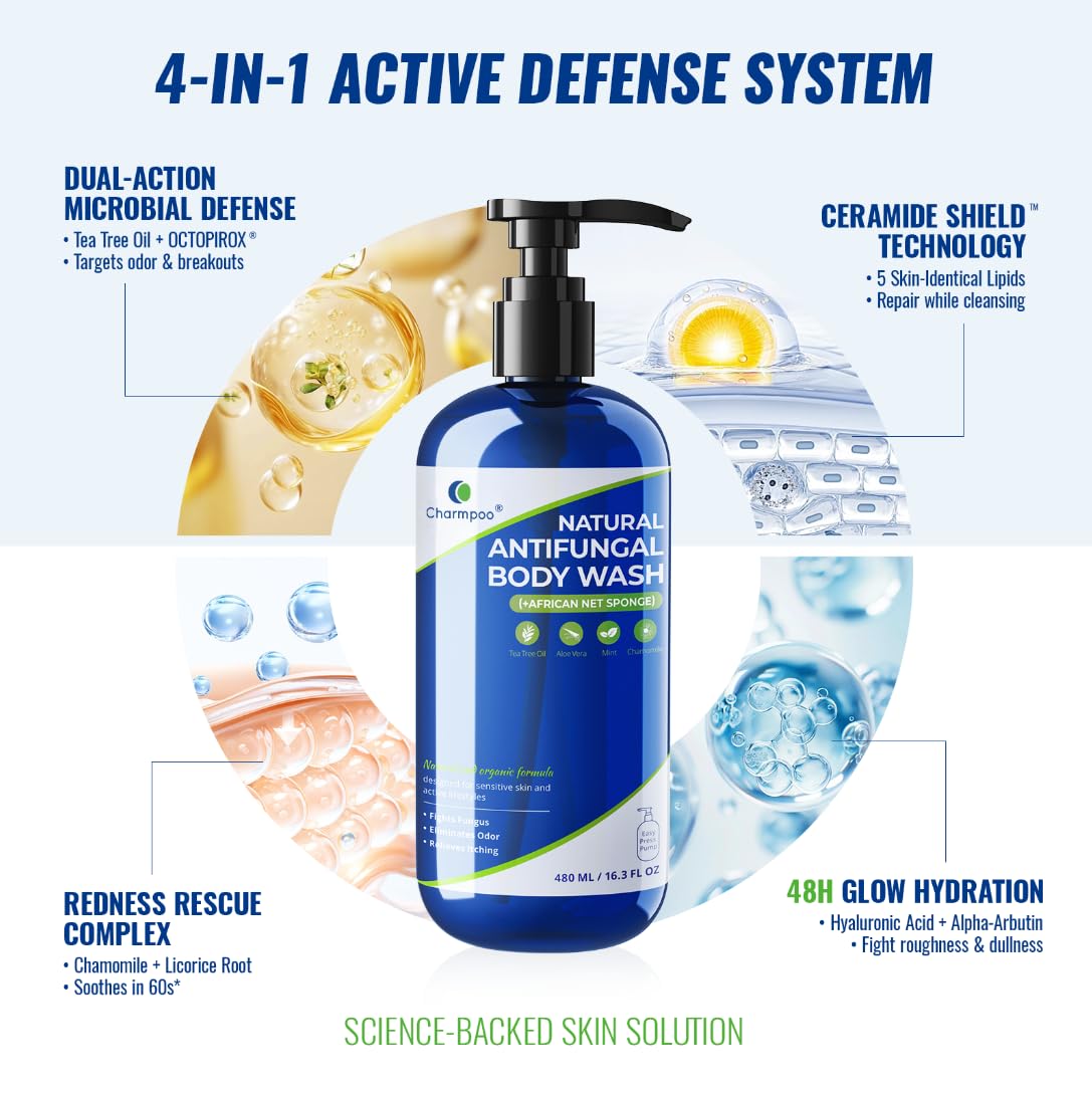 Natural Antifungal Body Wash: Tea Tree Fights Fungus Eliminates Odor Relieves Itching Formula for Sensitive Skin and Active Lifestyles 16.3 FL OZ