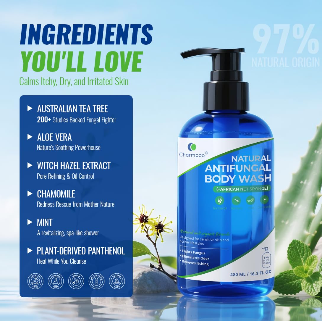 Natural Antifungal Body Wash: Tea Tree Fights Fungus Eliminates Odor Relieves Itching Formula for Sensitive Skin and Active Lifestyles 16.3 FL OZ