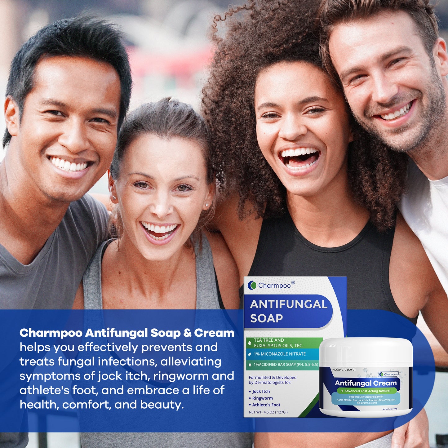 Charmpoo Antifungal Soap with Itch Relief: Effectively Relieve Itching Burning Cracking Caused by Jock Itch Athlete's Foot Ringworm Rashes - Gentle Acidified Bath Soap for Adults and Kids 4.5 oz