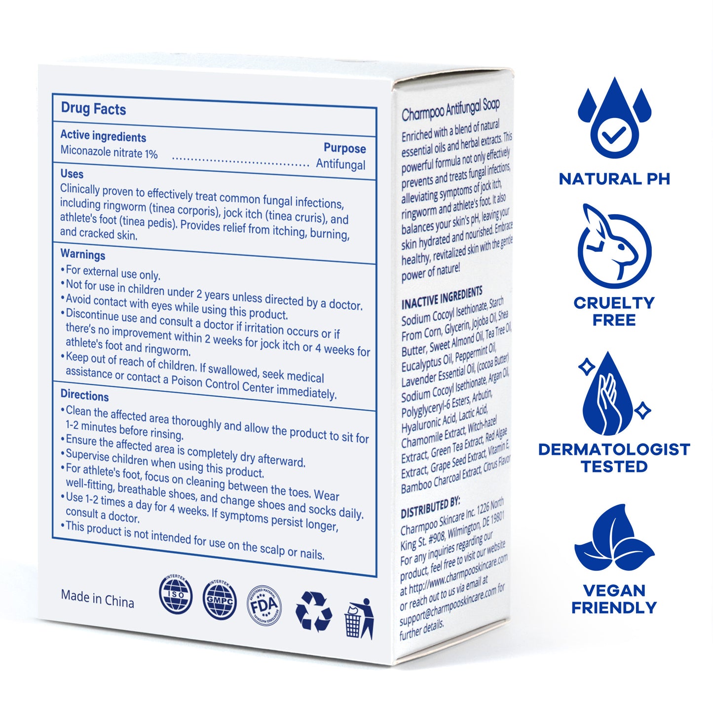 Charmpoo Antifungal Soap with Itch Relief: Effectively Relieve Itching Burning Cracking Caused by Jock Itch Athlete's Foot Ringworm Rashes - Gentle Acidified Bath Soap for Adults and Kids 4.5 oz